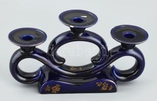 Antik Hollóházi gyertyatartó. Kék és arany festéssel, jelzett, kis lepattanással. 31 cm