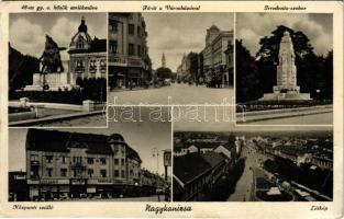 1940 Nagykanizsa, 48-as gyalogezred hősök emlékműve, Fő út, városháza, Grünfeld üzlete, kávéház, automobil, irredenta szobor, Központi szálloda, látkép (EB)