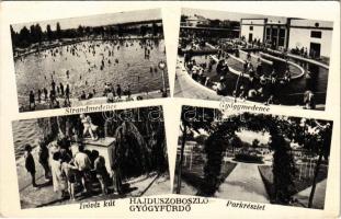 1937 Hajdúszoboszló, Gyógyfürdő, Strandmedence, Gyógymedence, Ivóvíz kút, park, fürdőzők. Wohlberg hírlapiroda kiadása (EK)