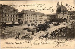 1903 Pécs, Széchenyi tér, Takarékpénztár, piac. Blancz József kiadása (vágott / cut)