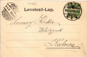 1903 Pécs, Széchenyi tér, Takarékpénztár, piac. Blancz József kiadása (vágott / cut)