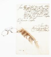 Régi íróasztal felszerelés: Antik csíptetős szemüveg, törött, egy üveggel írótoll, 1755-ös kéziratos okmány