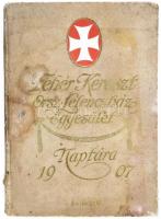 1907 Fehér Kereszt Orsz. Lelenczház Egyesület naptára. dombornyomott egészvászon kötésben. Dárday Aladár könyvkötészetéből. Benne pl. az országos vásárok jegyzékével. Sérült vászonkötés, egy lapon hiány.