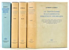 Györffy György: Az Árpád-kori Magyarország történeti földrajza I-IV. kötet. köt. Bp., 1987-1998., Akadémiai Kiadói. A vármegyéket ábrázoló kiemelhető mellékletekkel. Kiadói egészvászon kötés, kiadói papír védőborítóban, szép állapotban