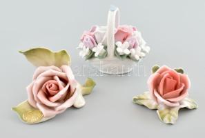 3 darab porcelán rózsa, közte 2 jelzett német darab, szép állapotban, m: 3,5-8 cm