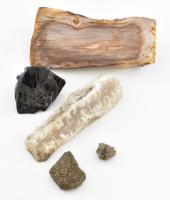 5db Ásvány. Egy doboznyi ásvány: nagy megkövesedett-szépen csiszolt fa, egyik oldalán csiszolt hosszúkás kalcit, 2 db Pirit,Obszidián.