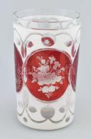 Biedermeier fúvott üveg emlékpohár, többrétegű, hámozott üveg, felületén csiszolt, bíborpácolt réteg...