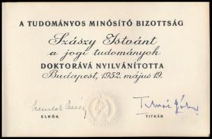 1952 Szászy István (1899-1976) nemzetközi jogász, jogtudós, kodifikátor, az MTA tagjának doktori okl...