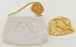 Fehér színházi táska, lánc vállpánttal, 23x15 cm + Aranyszínű flitteres pénztárca, 13x10 cm