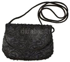 Fekete színházi táska, poliészter, gyöngy díszítéssel, 20x15 cm