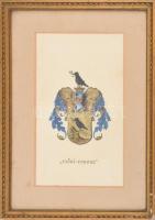 A Győri-Farkas család címere, kézzel rajzolt/festett nemesi címer, XIX. sz. vége-XX. sz. eleje körül. Vegyes technika, papír. Paszpartuban, dekoratív, üvegezett fakeretben, látható méret: 32,5x18,5 cm, keret: 47x33 cm