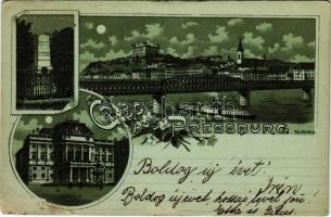 1900 Pozsony, Pressburg, Bratislava; emlékmű, híd, vár, színház / monument, castle, bridge, theatre. Art Nouveau, floral, litho (kopott sarok / worn corner)