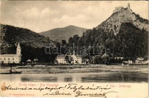 1904 Vágváralja, Vág-Podhragy, Povazské Podhradie (Vágbeszterce, Povazská Bystrica); Podrágyvár, templom, kastély, Vágvölgy. Gansel Lipót kiadása / castle, church in Váh Valley / Povazie, Povazsky hrad (EK)