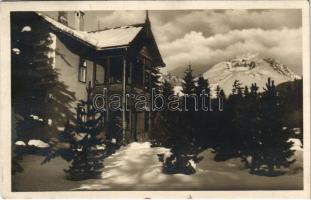 Tátraszéplak, Tatranska Polianka, Westerheim (Magas-Tátra, Vysoké Tatry); Fürdőház és Gerlachfalvi csúcs télen, Holic fodrász üzlete. Foto Szabó / Kúpelni dom a Gerlachovsky stít / spa in winter, hairdresser shop