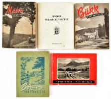 5 db turista könyv: Portyavezető, 3 kötet: Börzsöny; Bükk; Mátra. Bp., 1953-1954, Sport Lap- és Könyvkiadó. + Turistaházak - Magyar tájak. Bp., 1958, Turistaházakat Kezelő Vállalat. + Magyar Turista Egyesület. Szerk.: Peták István. Bp., 2005, Magyar Turista Egyesület Zsitvay Osztálya. Kiadói papírkötés, vegyes állapotban.