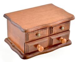 Ékszeres fa fiókos díszdoboz bizsu tartalommal, kis kopottsággal, 18,5x12,5x9,5 cm