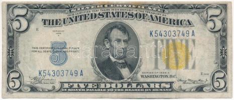 Amerikai Egyesült Államok 1934. 5$ Silver Certificate - kisméretű sárga pecsét, Észak-Afrikai katonai kiadás William Alexander Julian - Henry Morgenthau Jr. T:F apró ly., egyik sarka ragasztva USA 1934. 5 Dollars Silver Certificate - Small size - yellow seal, North African Military Issue, William Alexander Julian - Henry Morgenthau Jr. C:F small hole, one corner is taped Krause P#414AY