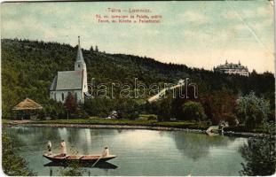 1910 Tátralomnic, Tatranská Lomnica (Magas-Tátra, Vysoké Tatry); Tó, evangélikus templom, Palota szálló / lake, Lutheran church, hotel (EB)