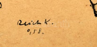 Reich Károly (1922-1988): Artistanő cirkuszi lovakkal. Tus, papír, jelzett. Foltos, apró sérüléssel....