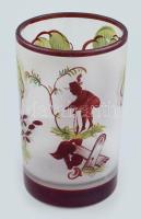 Bordó üveg címeres antik emlék pohár. Kézzel festett, szakított, kis kopással 12,5 cm