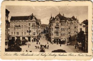 Lviv, Lwów, Lemberg; Plac Akademicki i ul. Fredry. / Academie Platz u. Fredro Gasse / street view, shops