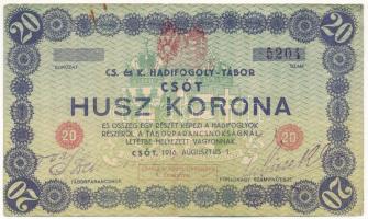 Csót / Hadifogolytábor 1916. augusztus 1. 20K számozott, gumibélyegzős aláírással mindkét oldalon "5204" T:F fo., erős papír Hungary / Csót / POW Camp 01.08.1916. 20 Korona with serial number and rubber stamp signatures on both sides "5204" C:F spotted, strong paper Adamo HHC-1.6.1