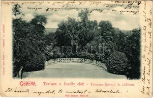 1907 Gödöllő, Terasz a kastély előtt. Ripka F. "Gödöllő" c. művéből, Pick Testvérek + "KASSA-BUDAPEST 10. SZ." vasúti mozgóposta (EK)