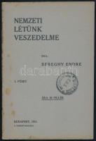 Bereghy Endre: Nemzeti létünk veszedelme. I. füzet. Bp., 1911, szerzői kiadás ("Élet"-ny.), 24 p. Kiadói tűzött papírkötés, kissé foltos borítóval.