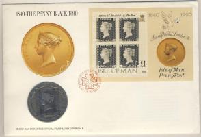 Man-sziget 1990. 1C "Penny Black" érmés borítékon elsőnapi bélyegzős bélyegblokkal, ismertetővel T:BU