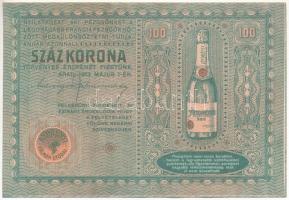 1913. 100 Koronás bankjegy mintájára készült jegyzéklap,  Andrényi Kálmán utódai, Arad, szecessziós pezsgő reklám (120x180 mm) T:AU