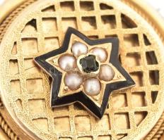 14-18K közötti arany (Au) fedelű antik fényképtartó bross Dávid csillagos, gránát köves, kinyitható ...