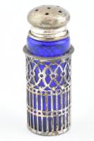 Antik kék üveg sószóró fém szerelékkel, jelzés nélkül, kopásokkal, m: 7 cm