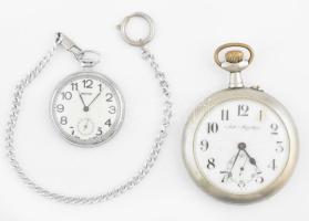 Anti-Magnetique zsebóra, sérült számlappal + Molnija zsebóra lánccal, nem működnek, d: 4,5-7 cm