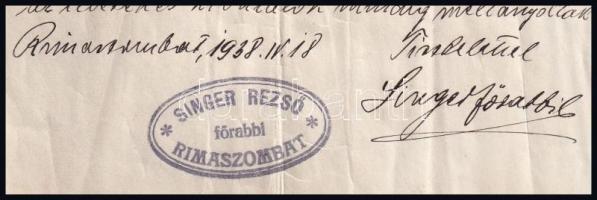 1938 Singer Rezső rimaszombati főrabbi saját kezű levele