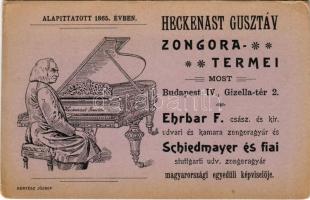 Budapest V. Gizella tér 2. (ma Vörösmarty tér) Heckenast Gusztáv zongoratermei, alapíttatott 1865-ben. Ehrbar F. cs. és kir. udvari és kamara zongoragyár és Schiedmayer és fiai stuttgarti udv. zongoragyár magyarországi egyedüli képviselője, reklámlap. Kiadja Kertész József (non PC) (EK)