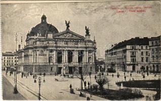 Lviv, Lwów, Lemberg; Teatr miejki / theater, tram, from postcard booklet