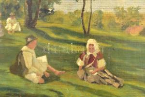 Olvashatatlan jelzéssel, XX. sz. első fele: Gyerekek a réten. Olaj, falemez. Hátoldalán Postatakarék...