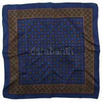 Sötétkék alapon mintás kendő, kézzel szegett, jelzett: Made in Italy, 100% Silk, 43x43 cm