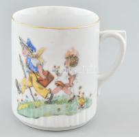 Zsolnay gyerekpár mintás szoknyás bögre, jelzéssel, kopottsággal, m: 9,5 cm