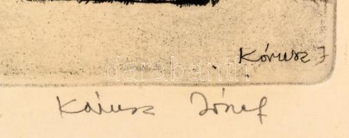 Kórusz József (1927-2010): Dunapart tehenekkel. Rézkarc, papír, jelzett, lap széle foltos, üvegezett...