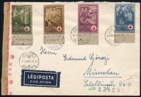1942 Légi cenzúrázott levél Vöröskereszt I. sorral Münchenbe / Airmail censored cover to München