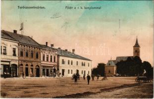 1916 Turócszentmárton, Turciansky Svaty Martin; Fő tér, Max Grossmann üzlete, nagyvendéglő, Moskóczi Ferencné könyvnyomda és könyvkötészet üzlete és saját kiadása / main square, shops, restaurant, publishing house (fl)