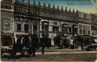 Eperjes, Presov; piac, Rákóczi ház, Spira Henrik, Eichenbaum, Goldwender és Moskovits-cipőgyár üzlete / shops, market, mansion (EM)