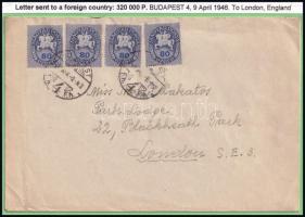1946 (11. díjszabás) Levél 320.000P bérmentesítéssel Londonba (4 x Lovasfutár 80 ezer P)