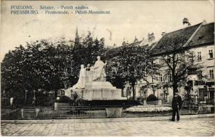 1912 Pozsony, Pressburg, Bratislava; Sétatér, Petőfi szobor, üzletek. Kaufmann kiadása / Promenade / square, statue, shops (EK)