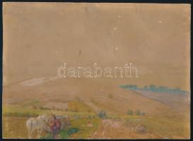 Molnár C. Pál (1894-1981): Lovak a tájban, 1916. Akvarell, papír, jelezve jobbra lent, kissé sérült. 18×24 cm. Nagyon korai munka, gyűjtői darab!
