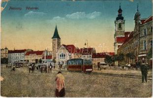 1917 Pozsony, Pressburg, Bratislava; Vásártér, villamos, piac / market square, tram (EB)