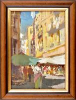 Vízkeleti Witmann Eta (1882-1962): Piaci forgatag. Olaj, fa, jelezve jobbra lent, 19x14 cm. Dekoratív fakeretben.