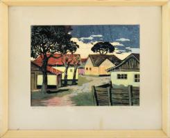 Mészáros Lajos (1925-1971): Utcarészlet. Linómetszet, papír, jelzett, üvegezett fakeretben, 25×34 cm.