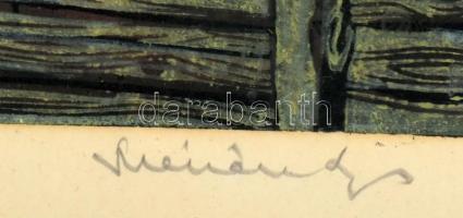 Mészáros Lajos (1925-1971): Utcarészlet. Linómetszet, papír, jelzett, üvegezett fakeretben, 25×34 cm